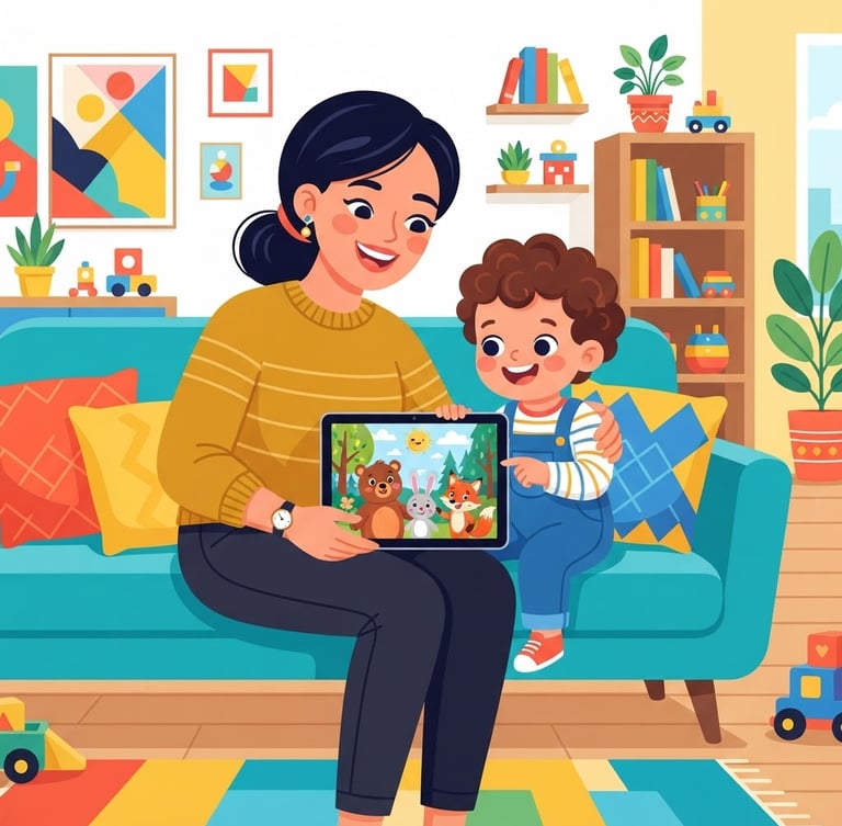 Wide shot of a happy mother and toddler sitting together on a bright couch, watching a tablet displaying colorful cartoon characters. The tablet is in the foreground, with the mother and child smiling and engaged, bright high-key lighting, flat vector style illustration.