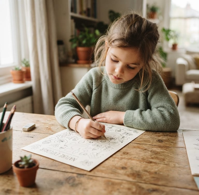 Warm editorial photo of a child using a printable worksheet on a wooden desk, soft natural daylight, muted sage and cream tones, shallow depth of field, 35mm
