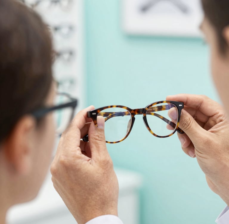 Close-up of an optometrist adjusting stylish tortoiseshell glasses on a customer, bright premium lighting, clean clinical setting, shallow depth of field