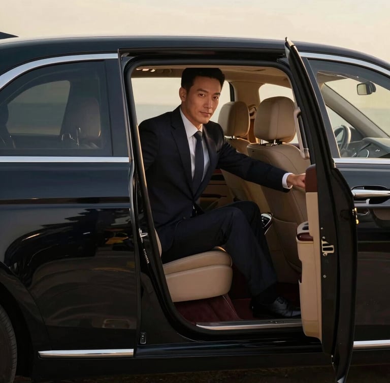 Elegant portrait of a professional private chauffeur in a dark suit opening the door of a black luxury sedan, warm golden-hour lighting, clean composition, high-end hospitality.