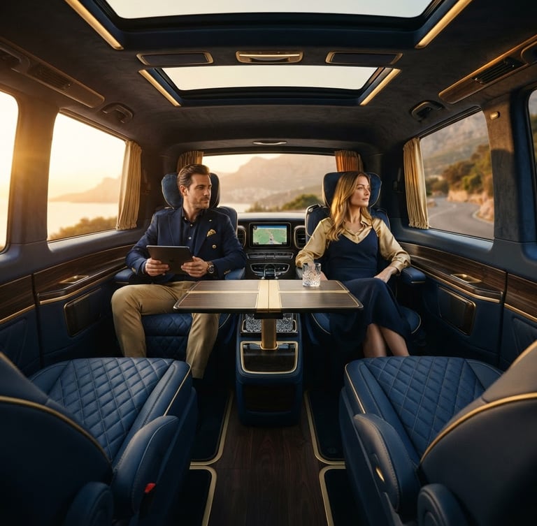 Wide cinematic interior shot of a luxury Mercedes-Benz V-Class VIP design, premium leather seats, ambient warm golden-hour light filtering through the windows, high-end corporate travel editorial style.