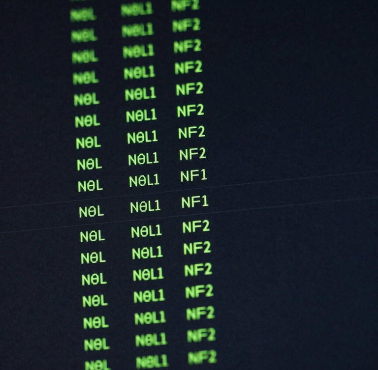 Close-up of a phpMyAdmin query result table on a dark screen, highlighting a column filled with neon green NULL values, high-contrast UI photography