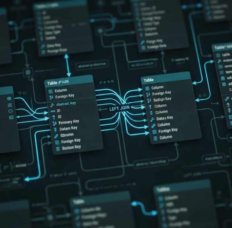 Macro shot of a dark-mode database schema diagram on a screen, neon blue connecting lines showing a LEFT JOIN relationship, soft terminal glow, high contrast