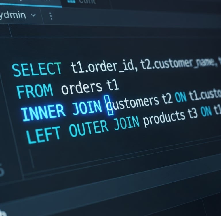 Macro shot of a dark-mode phpMyAdmin SQL query editor, neon blue cursor blinking on an INNER JOIN clause, deep slate background, high-contrast terminal glow
