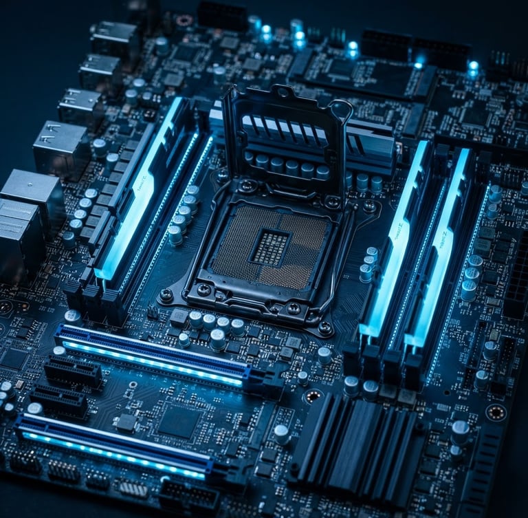 Macro shot of high-performance server motherboard with cool-toned blue LED accents, sharp focus on chip architecture, 35mm