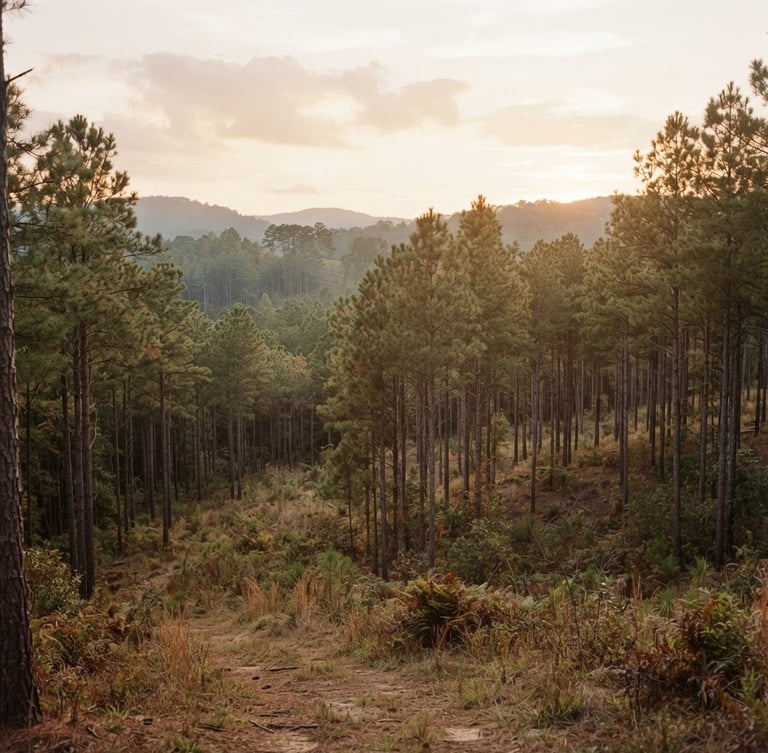 Wide environmental landscape of North Carolina pines at golden hour, soft natural light, quiet unforced atmosphere, 35mm film aesthetic