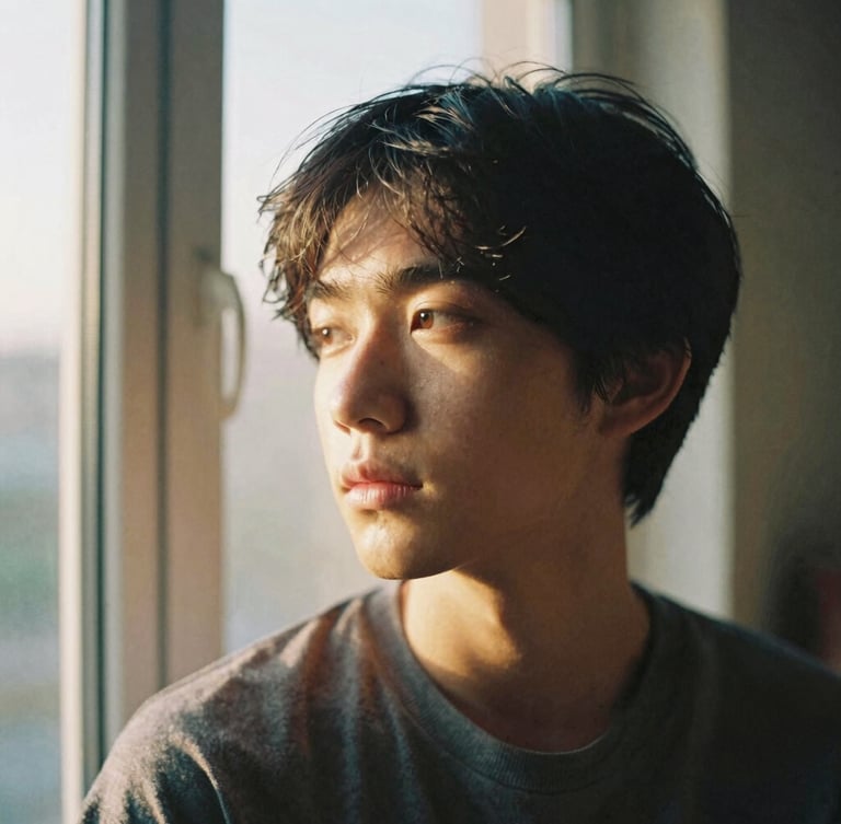 A close-up candid environmental portrait of a person looking thoughtfully off-camera, warm golden hour window light, soft 35mm film aesthetic, muted earth tones.