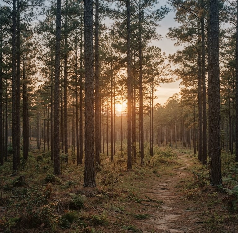 A quiet, wide environmental shot of North Carolina pine forest at sunset, soft golden hour light, 35mm film aesthetic.