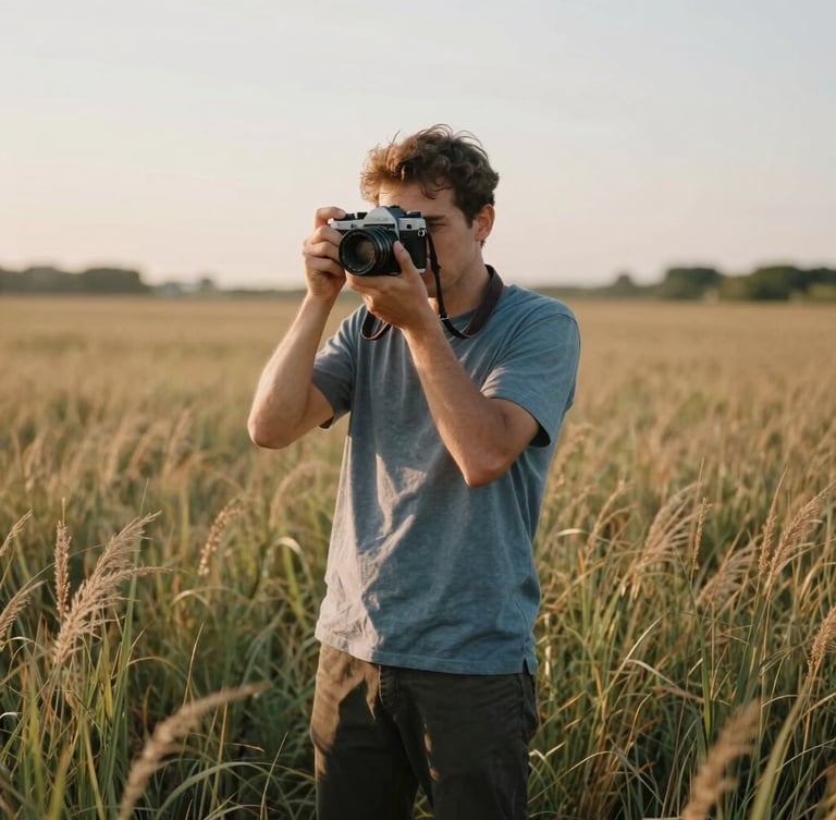 A photographer holding a vintage rangefinder camera, standing in a field of tall grass during golden hour, soft warm light, natural unposed posture