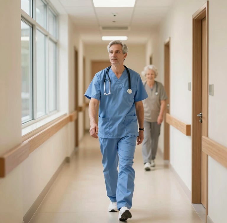 A clean, warm, modern nursing home hallway with soft natural light, a professional caregiver walking with a senior in the background, out of focus