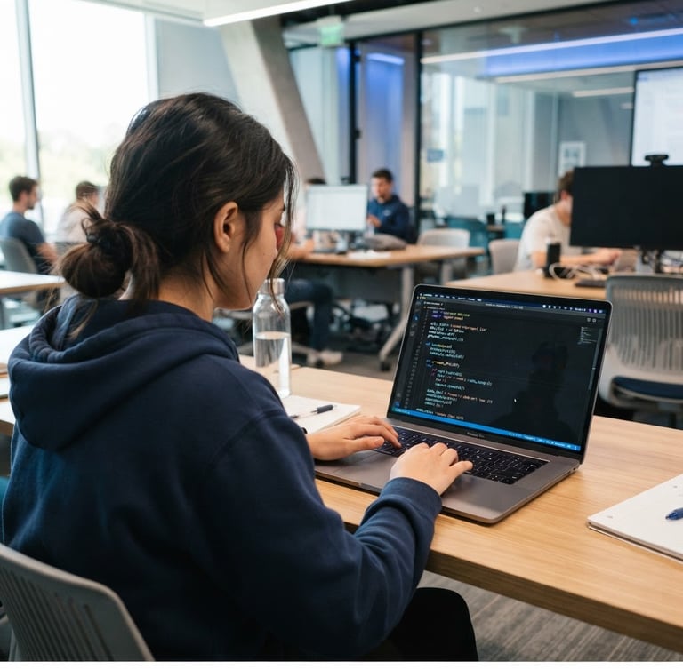 Over-the-shoulder view of a student writing Python code on a laptop in a bright modern classroom, shallow depth of field, 35mm