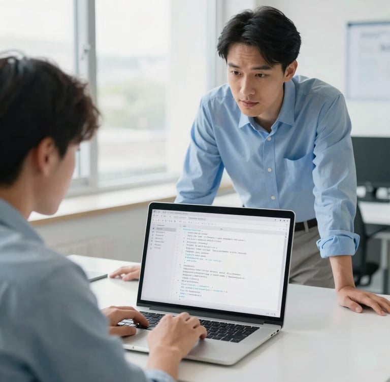 A student collaborating with a mentor over a laptop screen showing clean code, bright natural daylight, modern professional tech environment, 35mm