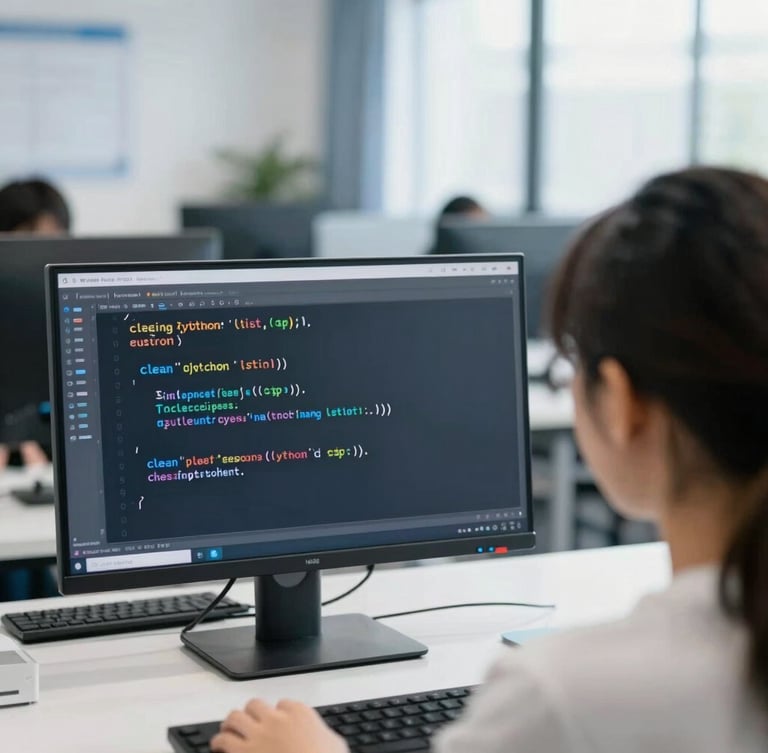 Over-the-shoulder view of a student analyzing clean Python code on a monitor, bright modern classroom environment, shallow depth of field.