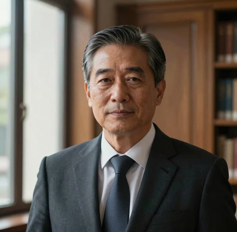 Medium close-up portrait of a mature male advisor in a dark tailored suit, natural window light from the side, soft out-of-focus background of a wood-paneled library, authoritative and calm.