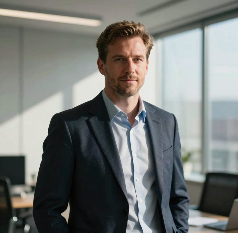 Naturally lit editorial portrait of James Michael Schmiedecke in a modern corporate office, soft directional window light, high contrast, shallow depth of field, professional and authoritative atmosphere