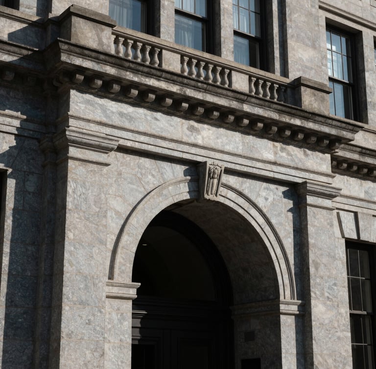 Dramatic architectural detail of a classic stone corporate entrance in Wilmington, Delaware, sharp directional daylight with high contrast, deep shadows.