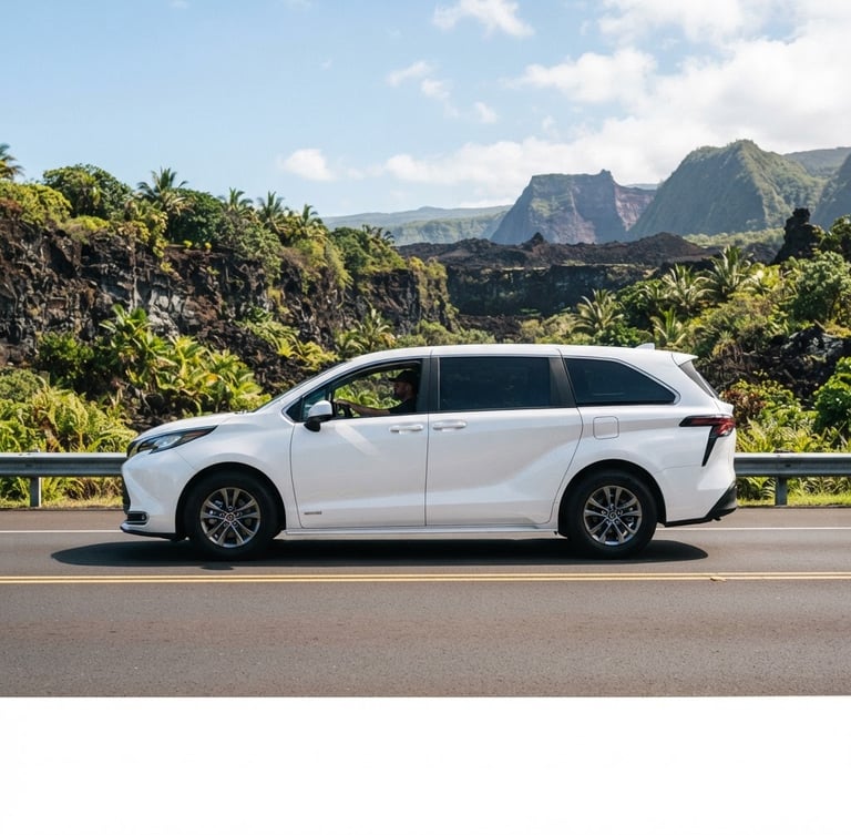 Side profile of a modern, clean white minivan on a paved highway with a volcanic landscape in the background, bright natural daylight, 35mm lens.