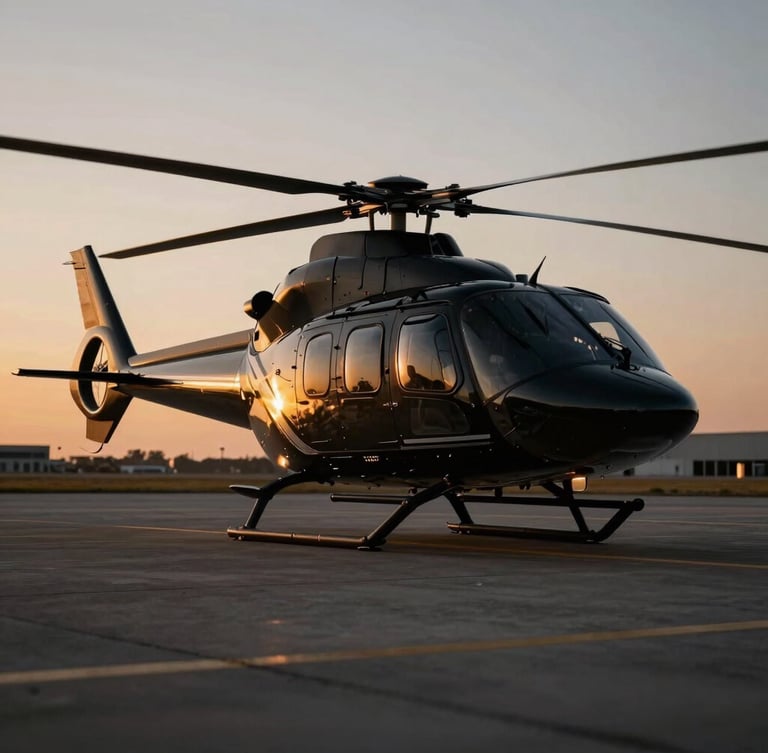 Sleek black luxury helicopter on a private tarmac at sunset, golden hour light reflecting off the fuselage, low-key dramatic cinematic lighting, 35mm anamorphic lens