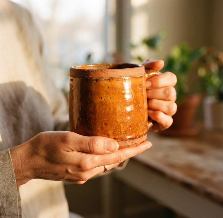 Close-up of warm, sunlit hands holding a heavy terracotta stoneware mug, golden-hour window light reflecting on the glossy orange glaze, gritty clay texture visible, 35mm photography