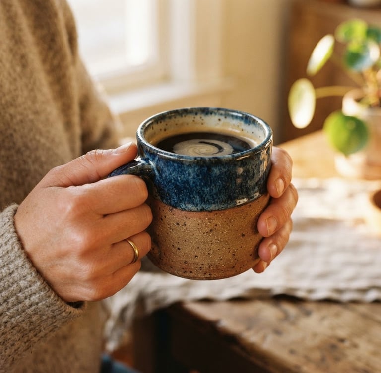 Close-up of hands holding a heavy terracotta stoneware mug filled with coffee, warm golden-hour window light casting soft shadows, showing the gritty clay texture and glossy glaze, 35mm editorial photography.