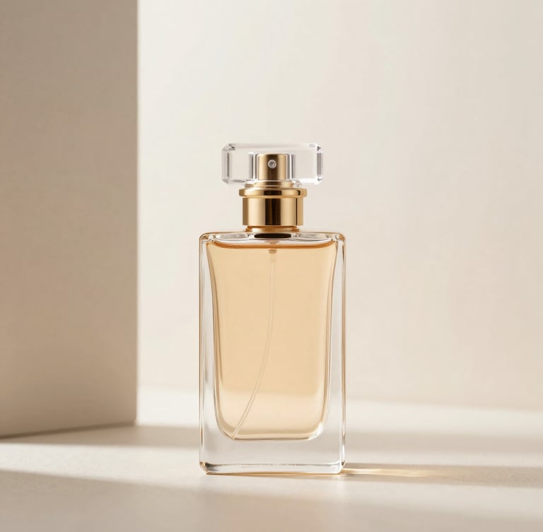 A high-end perfume bottle in a minimalist architectural composition, soft airy studio light, champagne gold and ivory tones, shallow depth of field