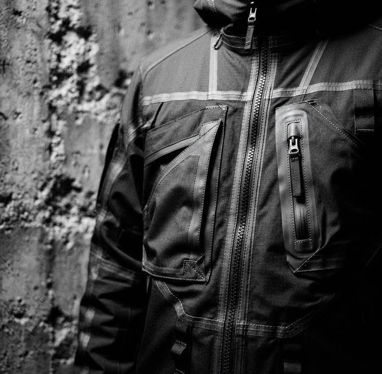 Close-up of a technical streetwear jacket with reinforced seams, high-contrast monochrome, brutalist concrete background, cold moon lighting, sharp focus, 35mm film grain