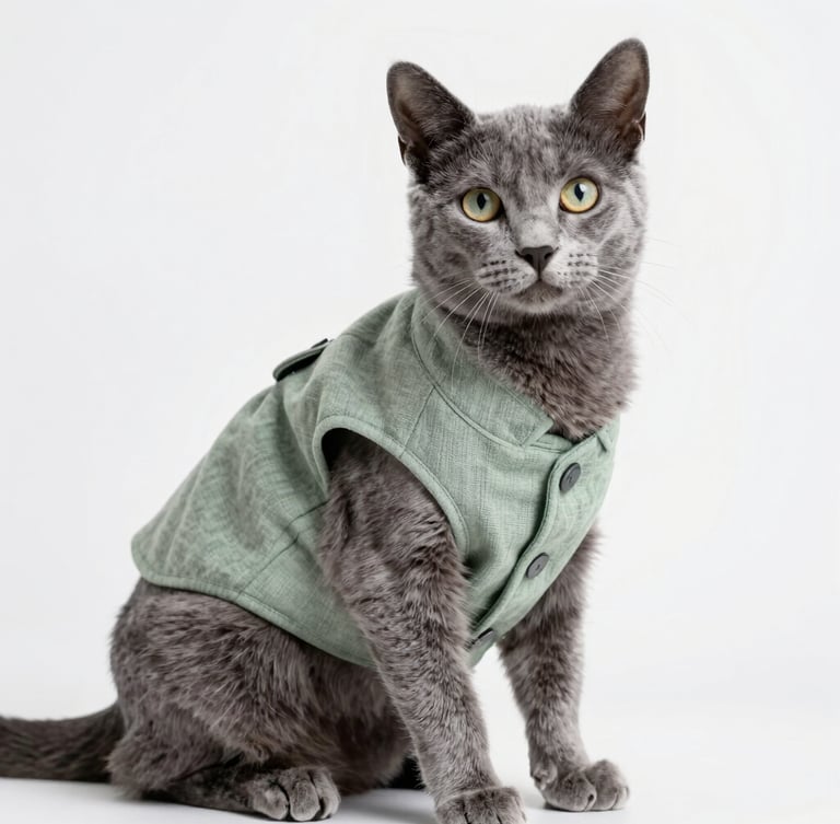 Eye-level portrait of a sleek grey cat wearing a tailored sage green linen vest, sitting comfortably on a white background, soft natural daylight, bright editorial style
