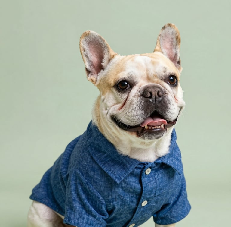 Eye-level portrait of a happy French Bulldog wearing a tailored linen shirt, soft natural daylight, minimalist sage green background, 50mm lens