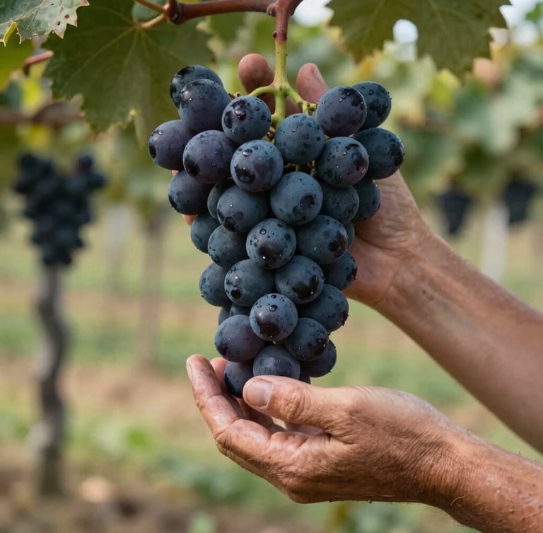 Close-up of weathered hands gently holding a cluster of dark wine grapes in a sunlit Ukrainian vineyard, soft natural daylight, editorial food magazine style.