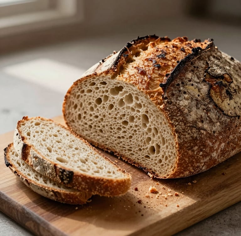 Close-up of a rustic sourdough bread loaf being sliced, crumbs on a wooden board, warm natural light from the side