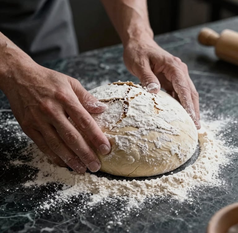 Macro shot of flour being dusted over raw sourdough dough on a dark marble counter, hands of an artisanal baker visible, soft natural shadows, moody Scandinavian lighting.