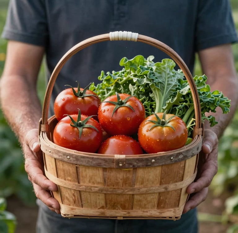 Portrait shot of hands holding a rustic wooden basket filled with freshly harvested organic tomatoes and greens, soft morning light, farm background.
