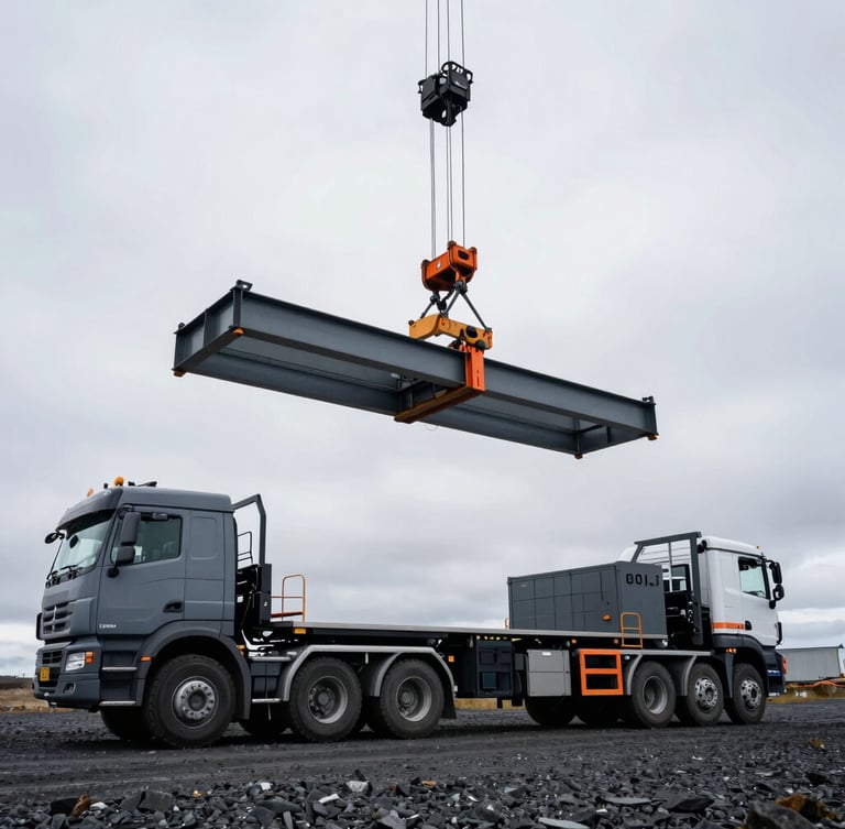 Low-angle wide shot of a massive basalt-gray crane truck lifting a heavy steel structure under an overcast Icelandic sky, outriggers fully extended on gravel ground, safety orange accents highly visible.