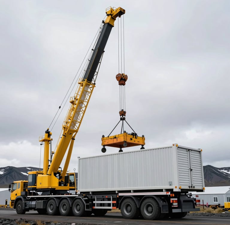 Low-angle wide shot of a heavy crane truck lifting a large modular building section under overcast skies in Iceland, mountains in the background, industrial rigging visible.