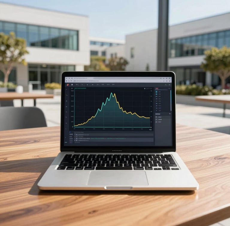 A portrait photo of a laptop screen showing a pipeline velocity graph, resting on a wooden table in a modern Silicon Valley tech campus, bright natural daylight, sharp focus, 35mm