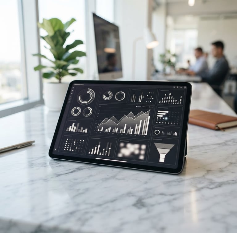 A sleek, modern tablet displaying a high-contrast marketing dashboard with clean data visualization wireframes, resting on a sunlit marble desk in a San Mateo workspace, sharp focus, 35mm