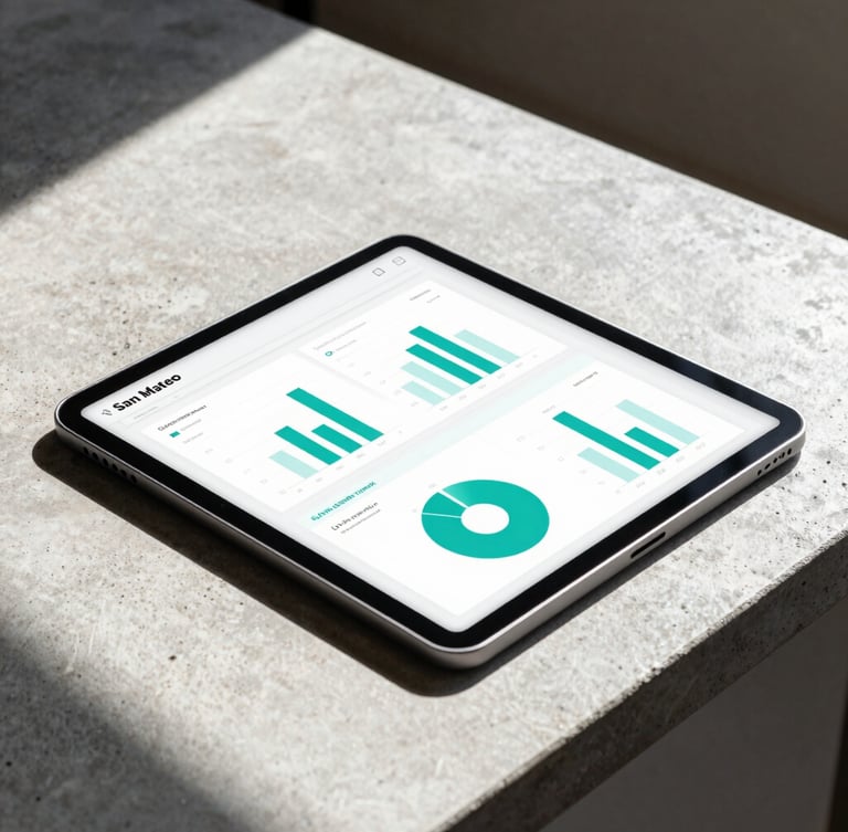 A portrait orientation photo of a tablet displaying an attribution dashboard with bright teal charts, placed on a concrete desk in a sunlit San Mateo workspace, high-contrast shadows