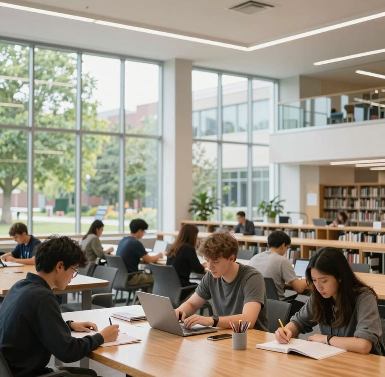 A bright, modern Canadian university library with high ceilings, large glass windows showing green trees outside, focused students studying at wooden tables in natural daylight.