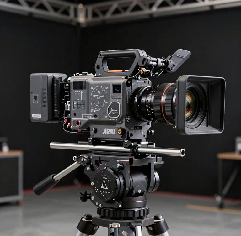 Extreme close-up of an Arri Alexa cinema camera rig on a heavy-duty dolly, matte box and master prime lens in sharp focus, harsh industrial side-lighting, dark soundstage background with faint steel truss visible.
