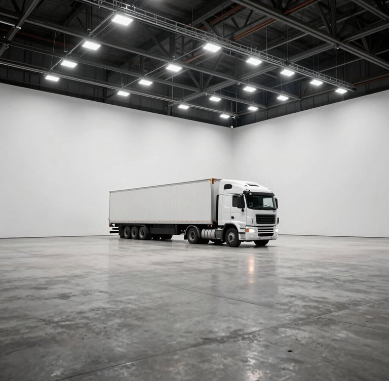 Wide environmental shot of Stage A, showing a massive empty concrete floor, pristine white cyclorama, heavy-duty overhead lighting grid, and a full-size semi-truck parked inside, harsh industrial lighting.