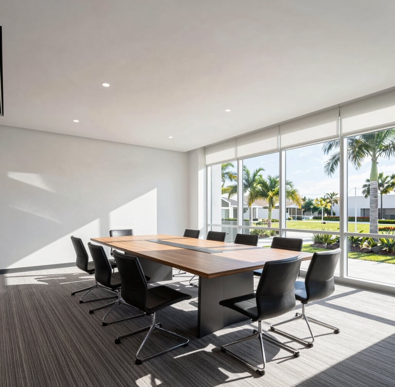 Clean commercial interior of a modern conference room in Edgewater, natural Florida daylight streaming through windows, crisp shadows, architectural photography style