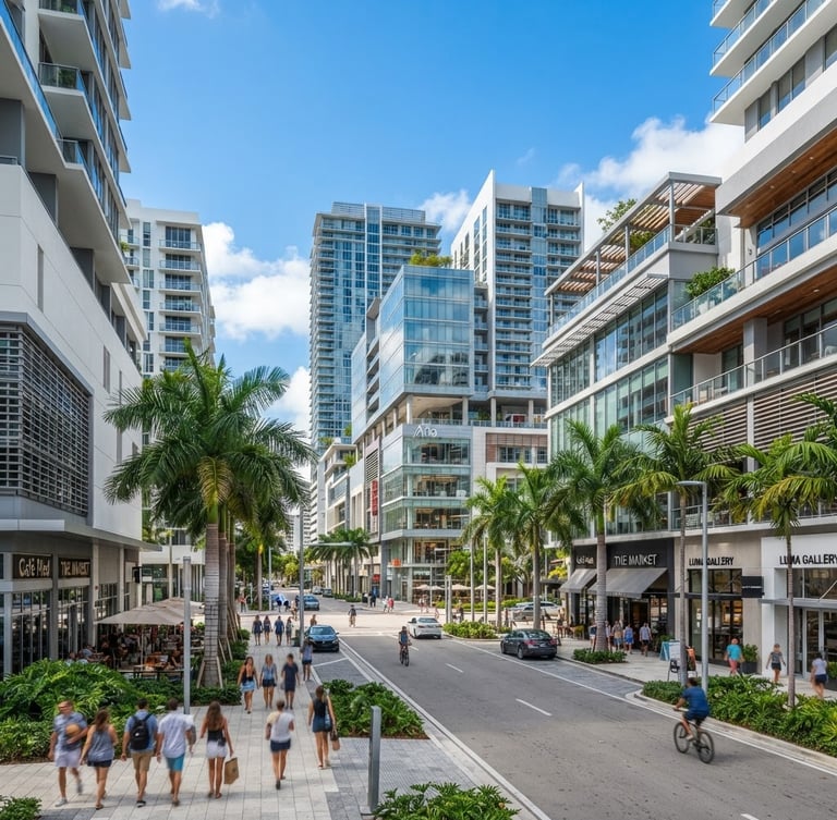 Wide-angle architectural view of a modern commercial district in Florida under bright natural daylight, clean lines, professional editorial style