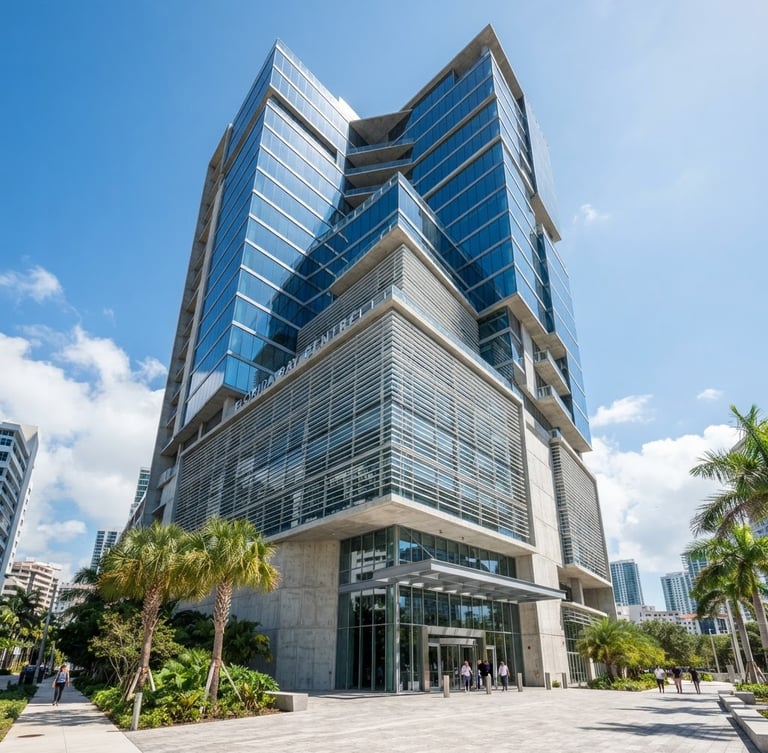 Wide-angle architectural photograph of a modern glass office building in Florida, bright natural daylight, crisp shadows, professional editorial style.