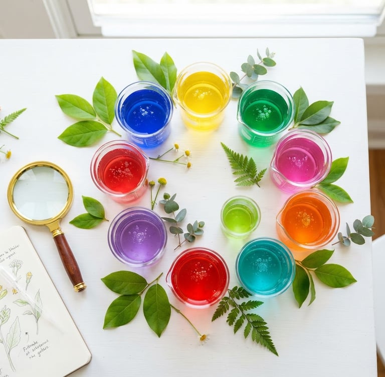 Vibrant flat-lay of colorful laboratory beakers filled with safe liquids, a magnifying glass, and green leaves on a bright white table, high-key natural daylight.