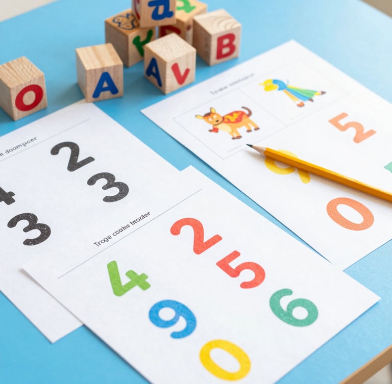 A top-down flat-lay of colorful children's math worksheets, wooden counting blocks, and a yellow pencil on a bright blue table, bright high-key editorial photography, cheerful natural daylight, vibrant primary colors, shallow depth of field