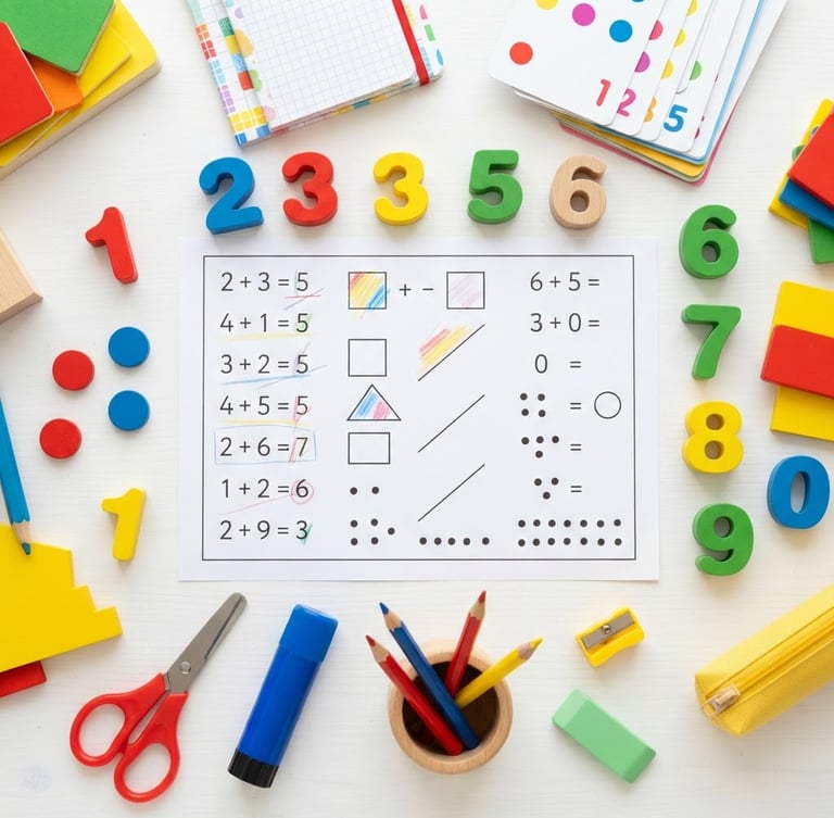 Bright top-down flat-lay of colorful school supplies, wooden number blocks, and primary school worksheets on a clean white desk, high-key daylight.