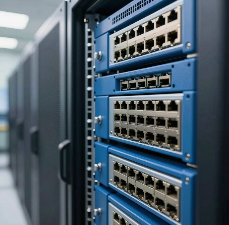 Macro shot of clean, meticulously organized blue and silver server racks in a bright, daylight-filled modern data facility, sharp focus on ethernet ports.