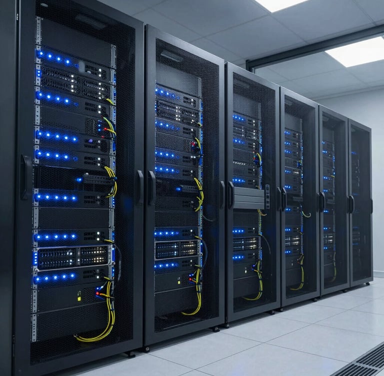 A clean, meticulously organized server room with glowing blue and white indicator lights, structured cabling, cool-toned professional daylight, wide angle.