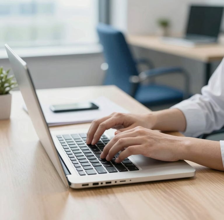 Hands typing on a modern laptop on a clean wooden desk, bright daylight streaming from a window, organized corporate workspace, soft blue accents.