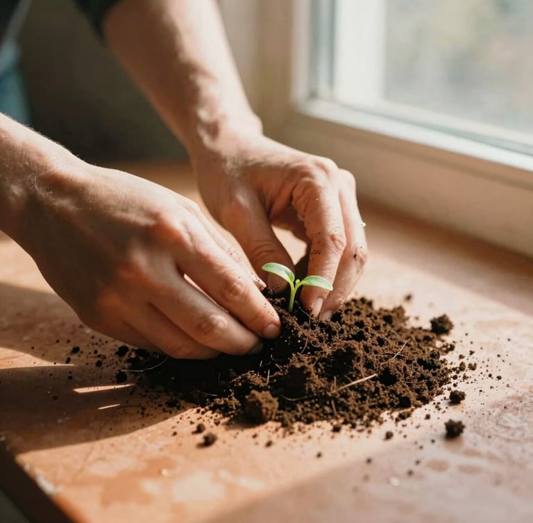 Close-up of hands mixing rich dark potting soil and green seedlings on a warm terracotta surface, soft golden-hour window light, 35mm film.